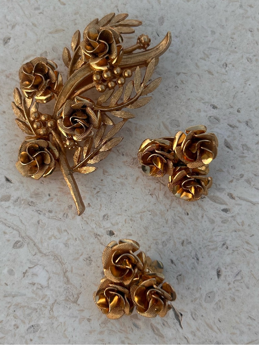 CORO Gold-tone Floral Rose Brooch and Clip-On Earring Set Vintage!